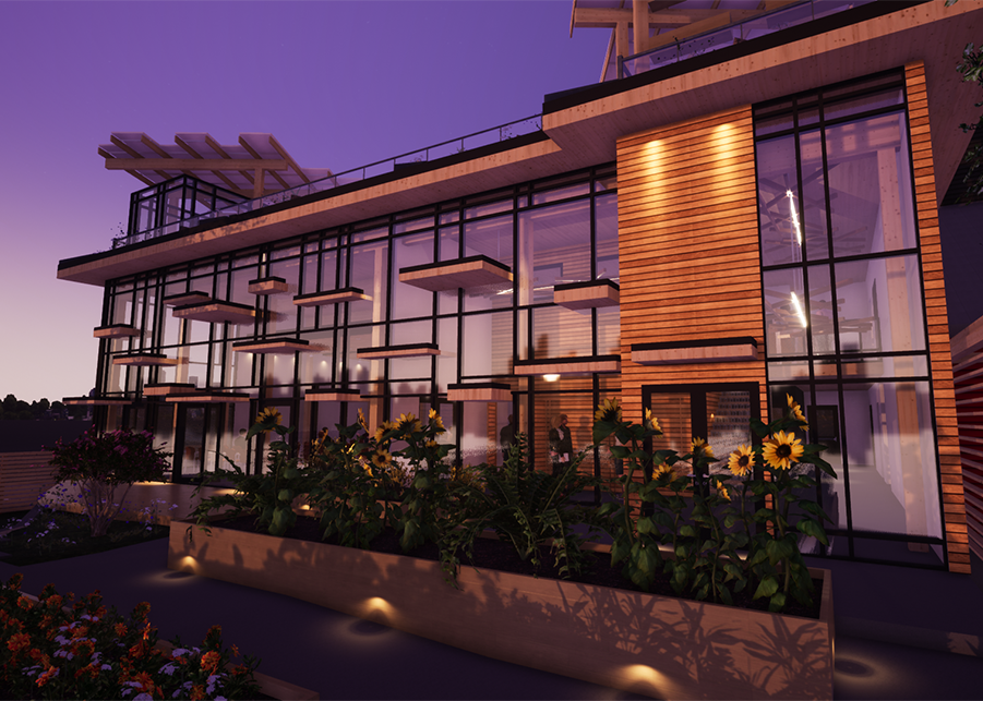 A digital rendering of the building at dusk, purple light reflects off the wall-sized windows, garden boxes line the courtyard